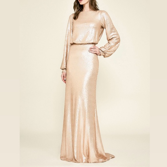 Tadashi Shoji Champagne Gold Sequin Long Sleeve Evening Dress Gown - Picture 7 of 15